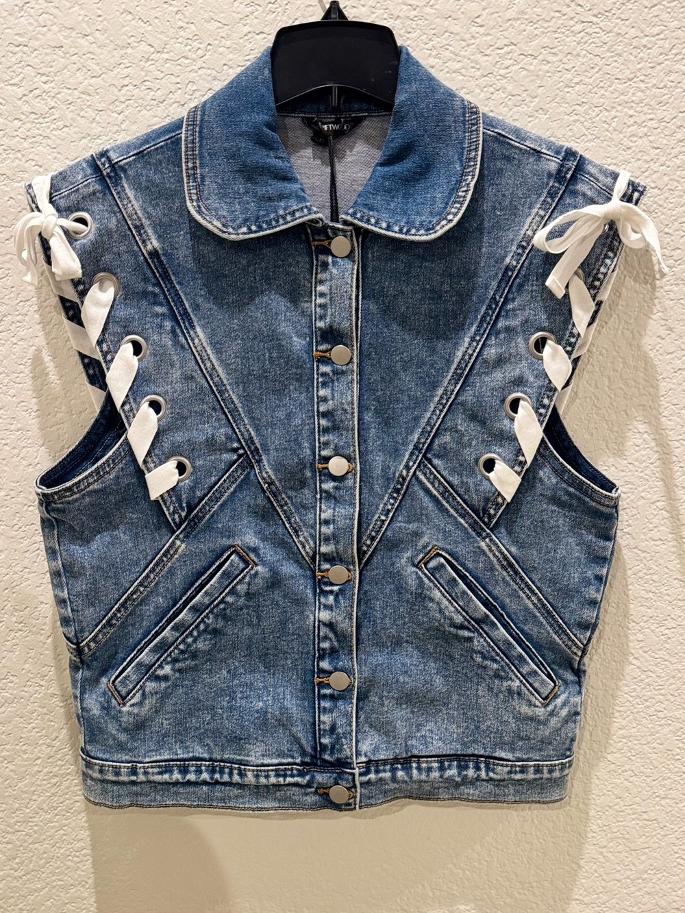DRIFTWOOD Denim Lace-Up Sleeve Vest with Contrast Stitching. Size S